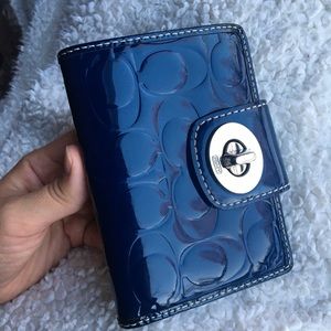 Blue Coach Patent Leather Turnlock Embossed Wallet